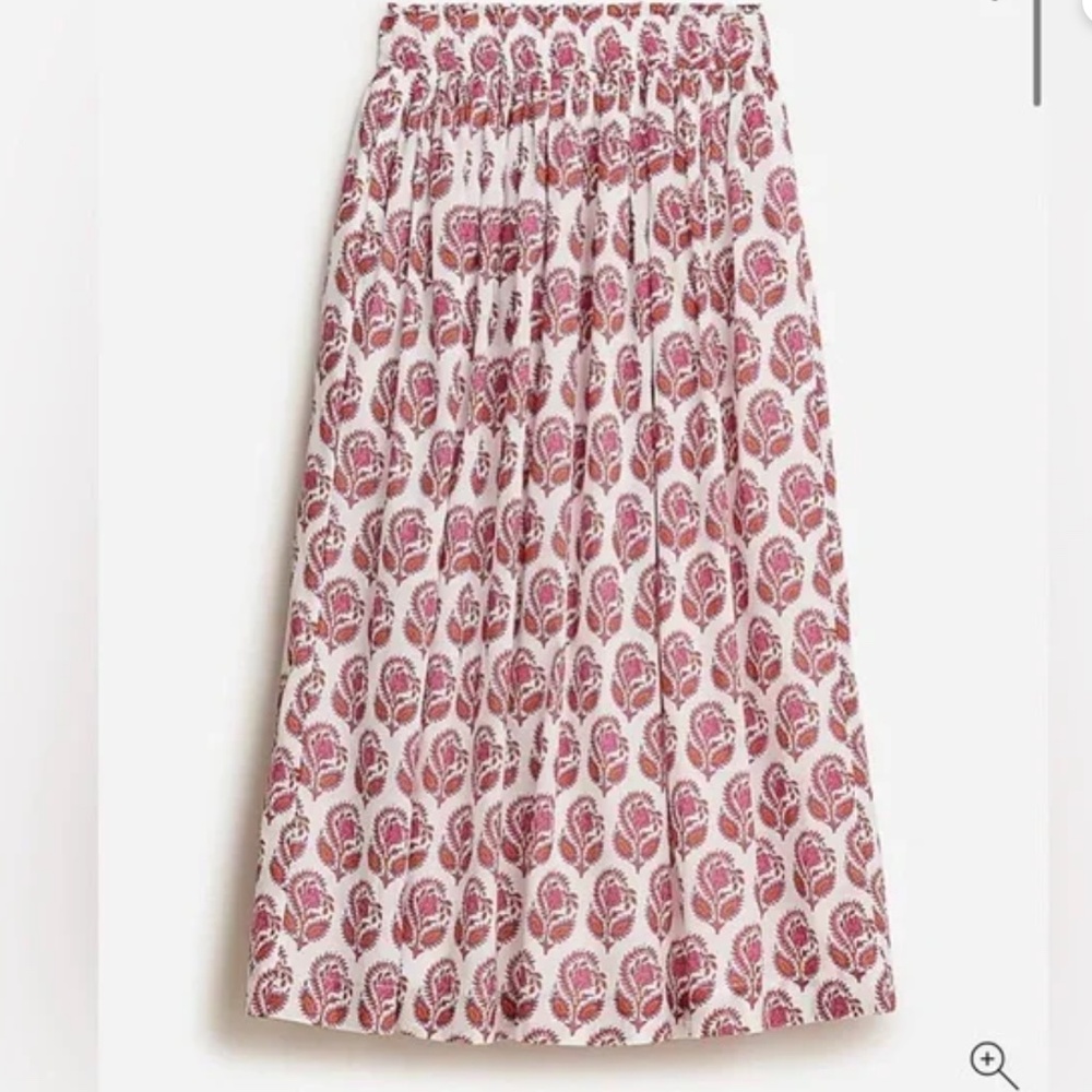 Smocked-waist cotton voile midi skirt in bouquet block print, Size LARGE NWT